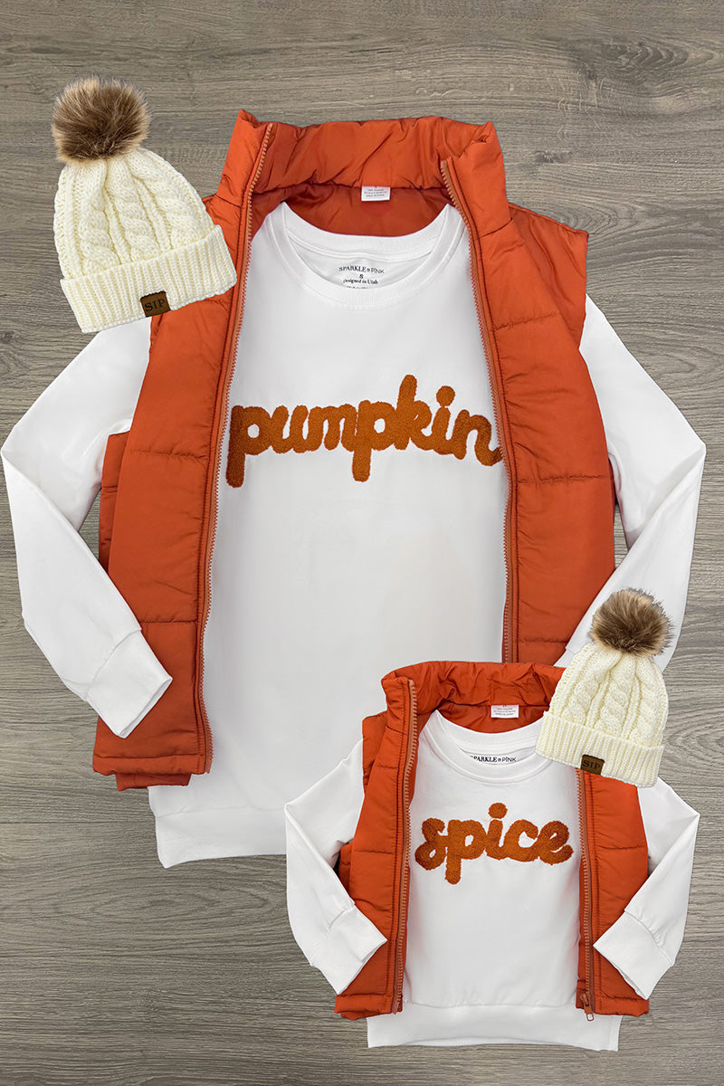 Mom & Me - "Pumpkin & Spice" Vest Set - CHILD-6-12 Months - Orange quilted sleeveless vest paired with white long-sleeve top featuring "pumpkin" in orange script, bundled with cream.