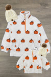 Mom & Me - Pumpkin Sherpa Pullover - CHILD-6-12 Months - Cream-colored sherpa pullover with orange pumpkin print, adult size with quarter zip and matching child’s pullover with hood.