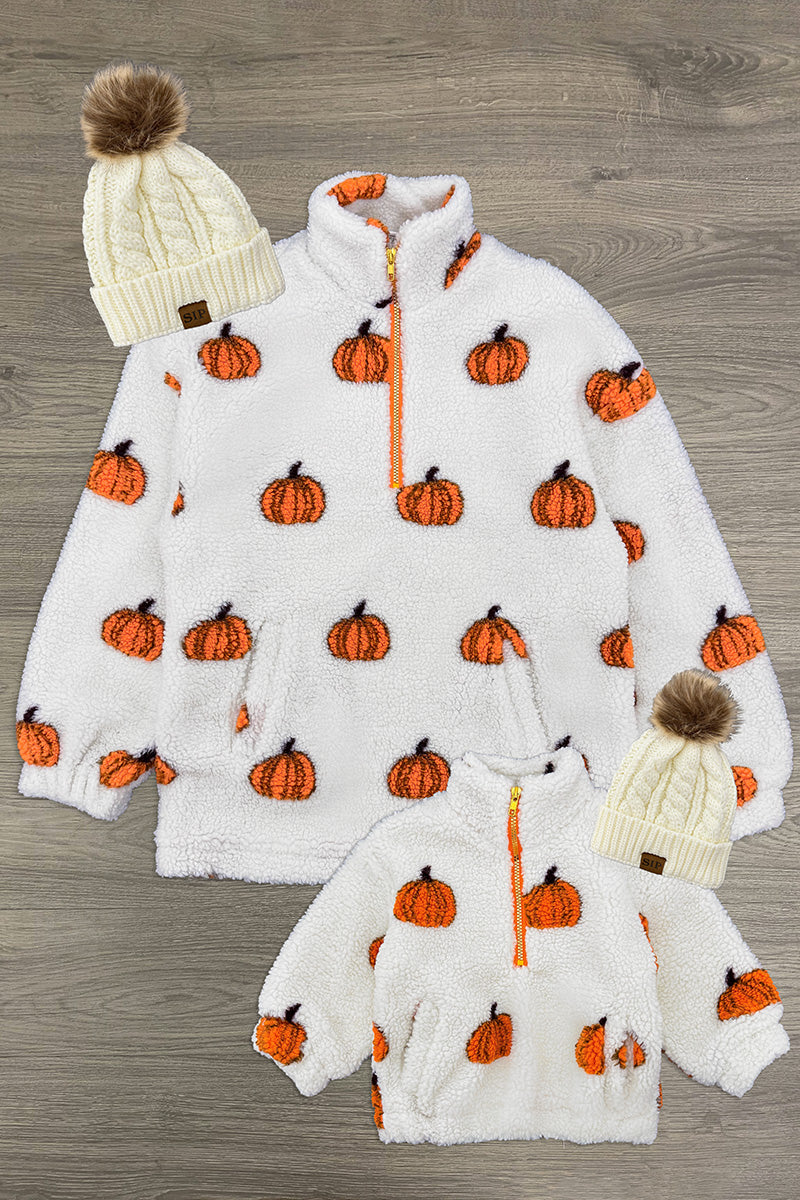 Mom & Me - Pumpkin Sherpa Pullover - CHILD-6-12 Months - Cream-colored sherpa pullover with orange pumpkin print, adult size with quarter zip and matching child’s pullover with hood.