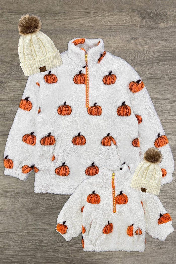 Mom & Me - Pumpkin Sherpa Pullover - CHILD-6-12 Months - Cream-colored sherpa pullover with orange pumpkin print, adult size with quarter zip and matching child’s pullover with hood.
