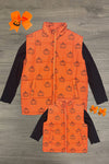 Mom & Me - Pumpkin Vest Set - CHILD-6-12 Months - Matching orange quilted vests with black pumpkin print, paired with black long-sleeve shirts for adult and child sizes,.