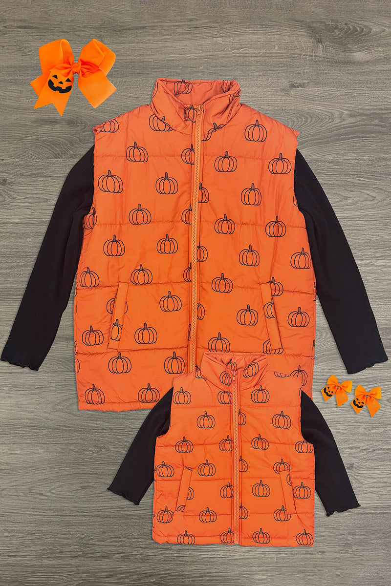 Mom & Me - Pumpkin Vest Set - CHILD-6-12 Months - Matching orange quilted vests with black pumpkin print, paired with black long-sleeve shirts for adult and child sizes,.