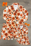 Mom & Me - Halloween Waffle Knit Pajamas - CHILD-6-12 Months - Orange waffle knit pajamas with Halloween pumpkins, ghosts, and black flowers, button-up top and shorts.