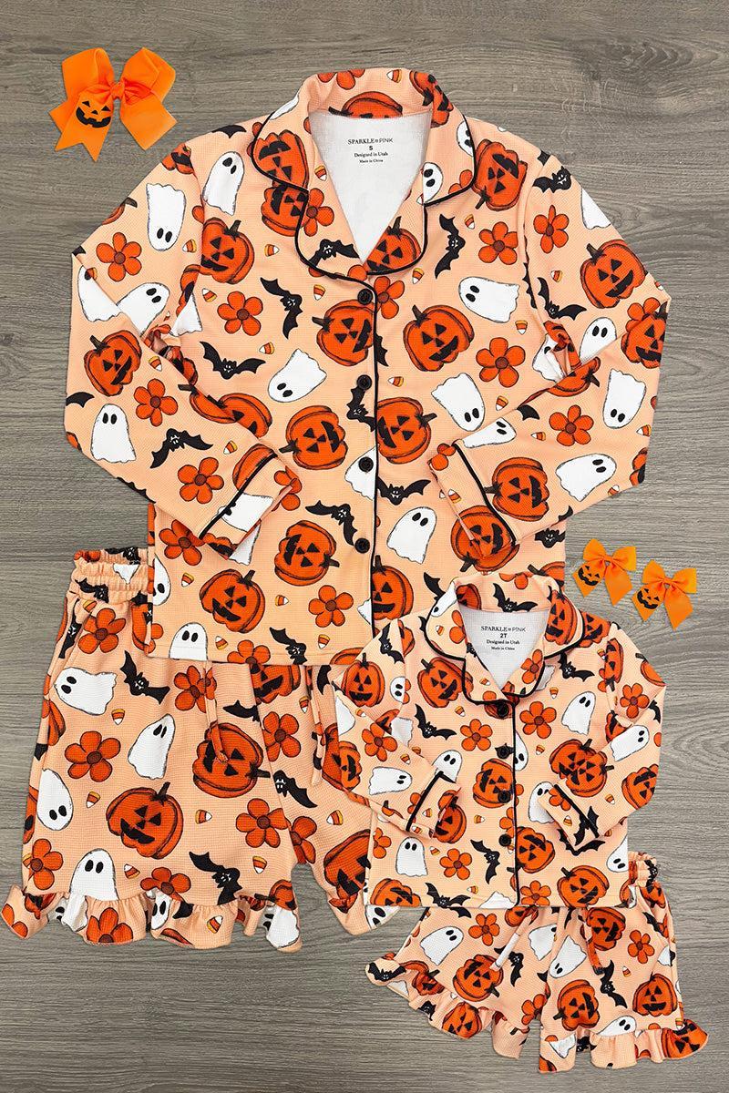 Mom & Me - Halloween Waffle Knit Pajamas - CHILD-6-12 Months - Orange waffle knit pajamas with Halloween pumpkins, ghosts, and black flowers, button-up top and shorts.