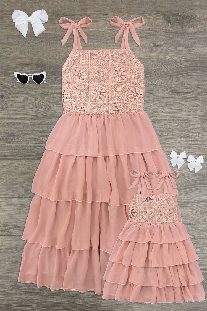 Mom & Me - Blush Pink Ruffle Dress - CHILD-6-12 Months - Blush pink ruffle dress with crochet bodice and tiered skirt shown in matching adult and child sizes with bow shoulder straps.