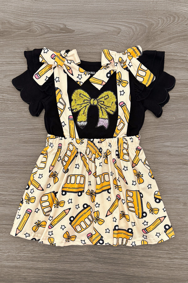 Pencil Bow Suspender Skirt Set