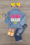 "Preschool - Sixth Grade" Denim Jacket - PRESCHOOL / 3T - Light blue denim jacket with "Second Grade" in pink and yellow letters and a small yellow butterfly on the back.