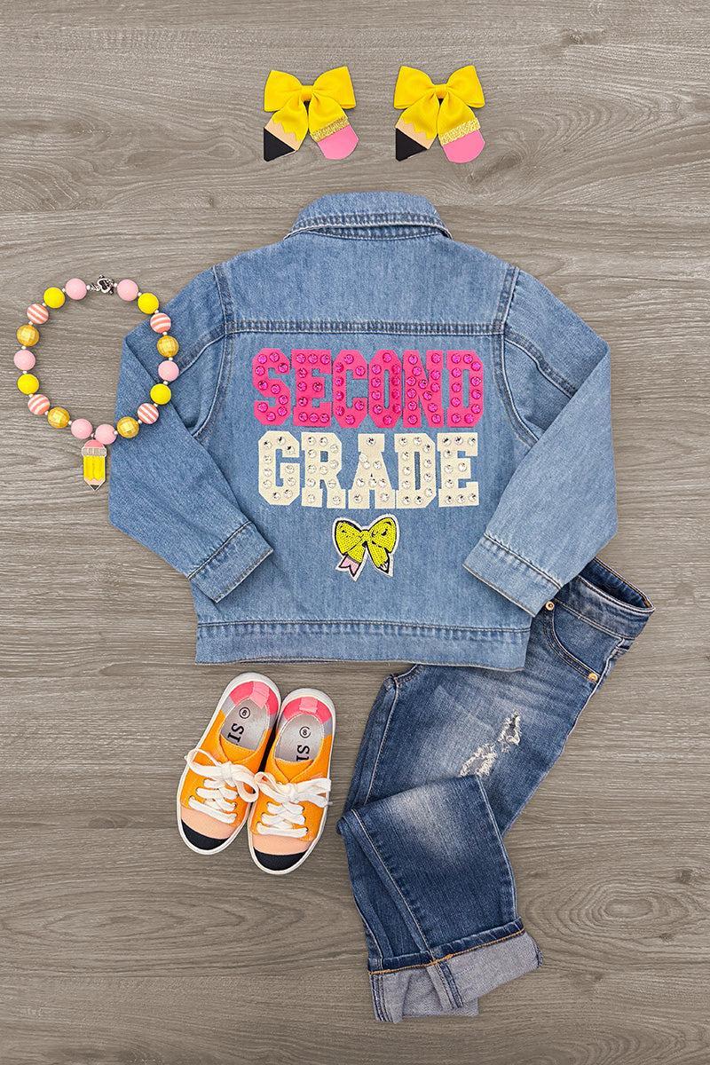 "Preschool - Sixth Grade" Denim Jacket - PRESCHOOL / 3T - Light blue denim jacket with "Second Grade" in pink and yellow letters and a small yellow butterfly on the back.