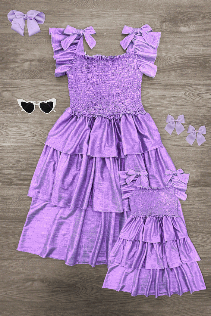Mom & Me - Metallic Ruffle Dress - Lavender / CHILD-6-12 Months - Lavender metallic smocked dress with tiered ruffle skirt and large shoulder bows for mom and child set.
