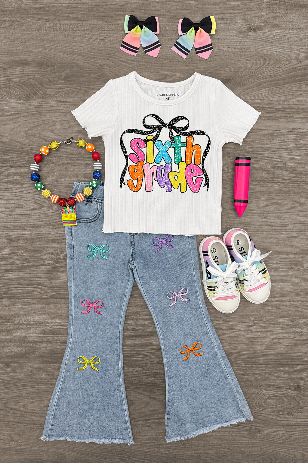 "Pre-K - Sixth Grade" Bow Denim Pant Set