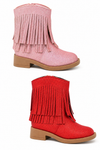 Glitter Cowgirl Boots in pink and red with layered fringe and tan soles, arranged separately on a white background.