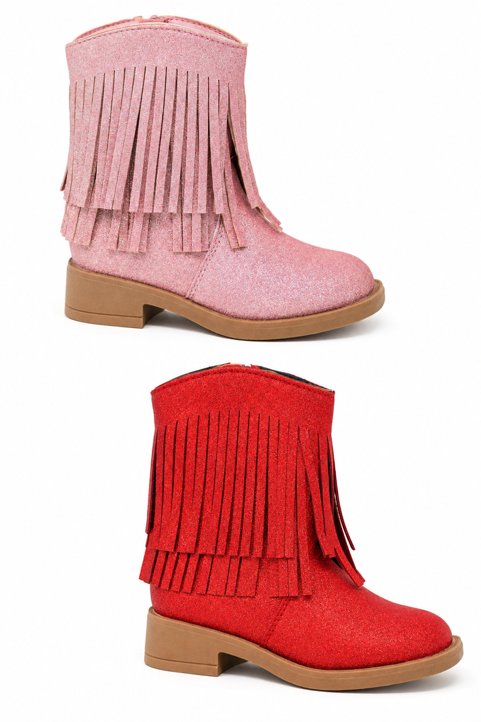 Glitter Cowgirl Boots in pink and red with layered fringe and tan soles, arranged separately on a white background.