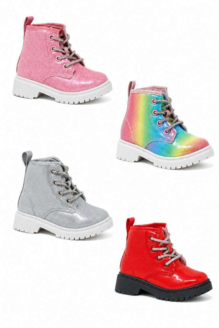 Glitter Lace-Up Combat Boots in pink, rainbow, silver and red, displayed separately on a white background.