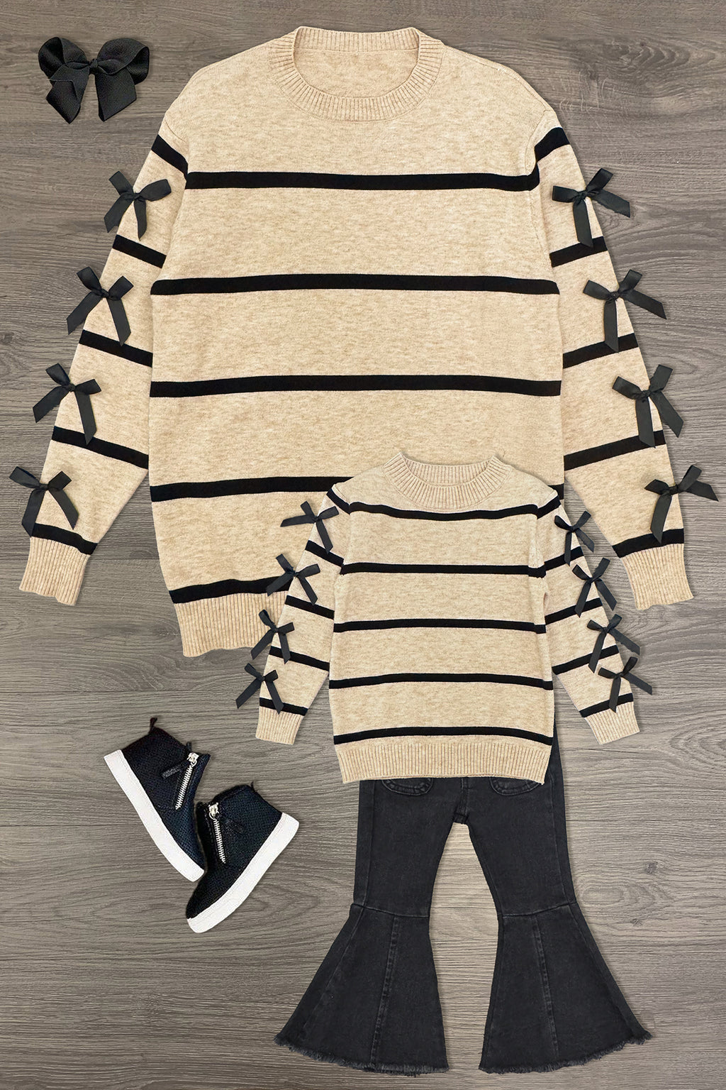 Mom & Me - Striped Bow Sweater & Denim Pant Set | Sparkle in Pink