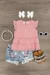 Swiss Dot Floral Denim Short Set | Sparkle in Pink