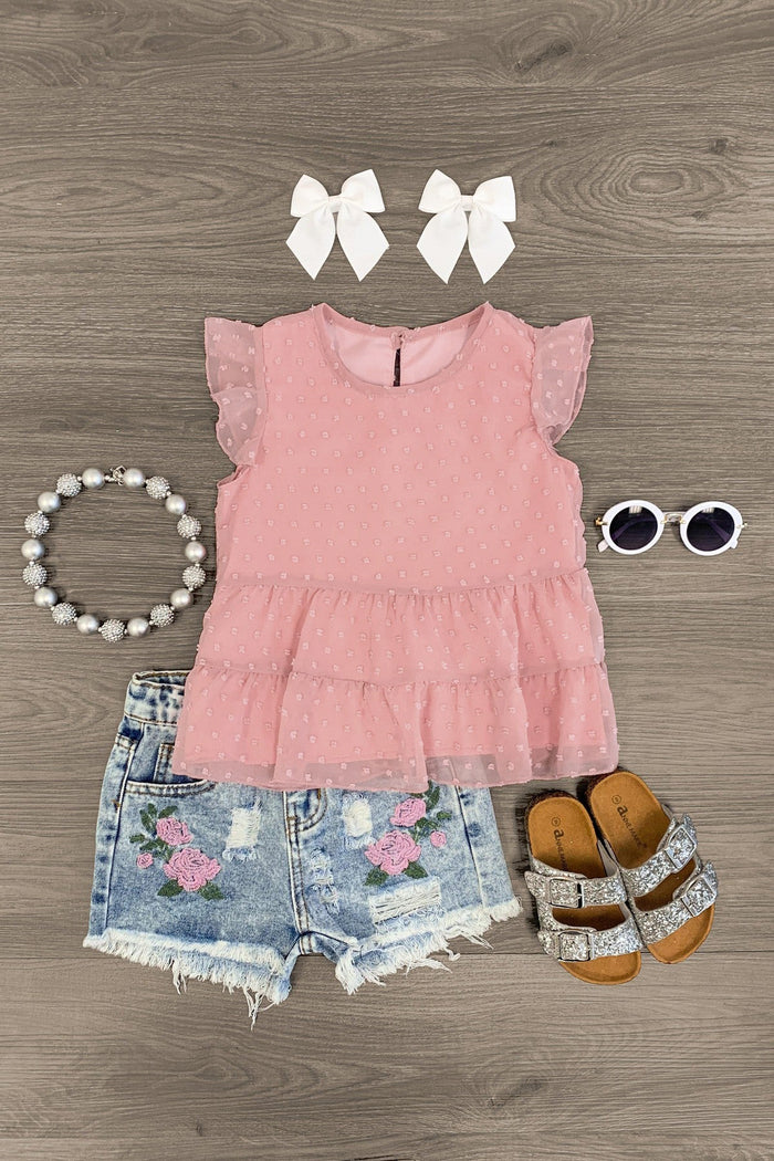 Swiss Dot Floral Denim Short Set - 3XS-6-12 Months - Pink sleeveless Swiss dot top with ruffled tiers, floral denim shorts, white bow clips, white beaded necklace, white.