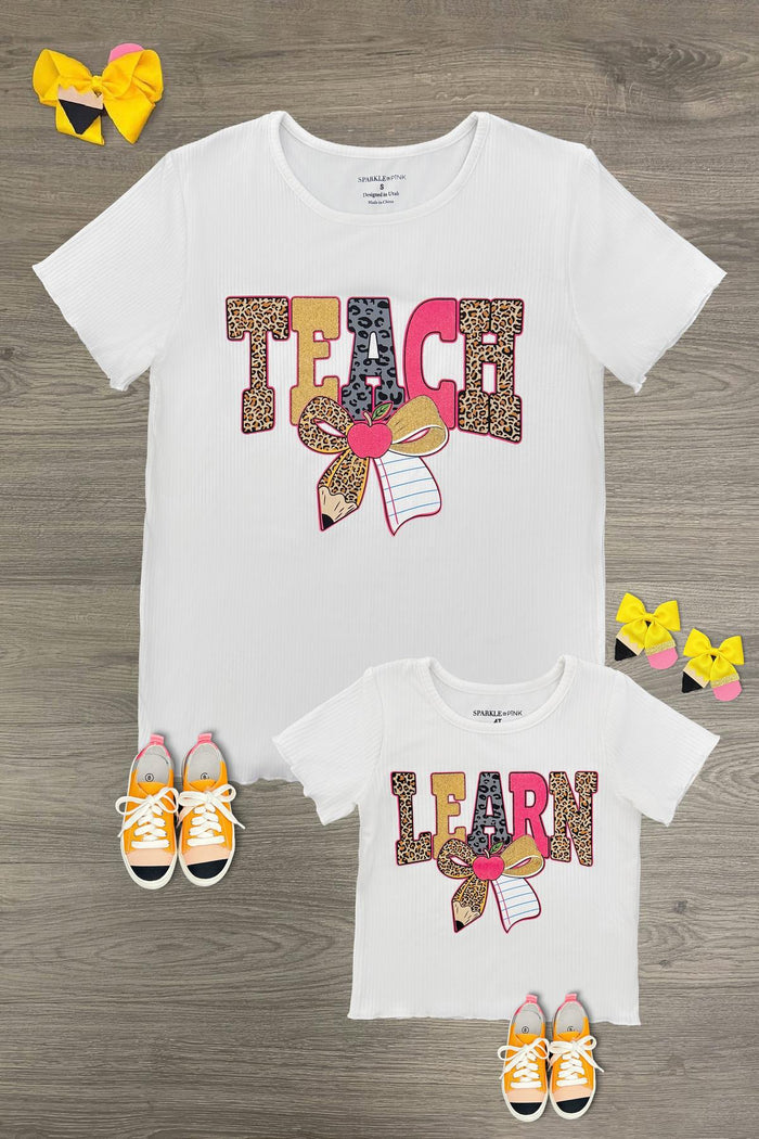 Mom & Me - "Teach & Learn" Glitter Cheetah Print Top - CHILD-3T - White matching mom and child t-shirts with glitter cheetah print "TEACH" and "LEARN" text and bow graphic, styled with.