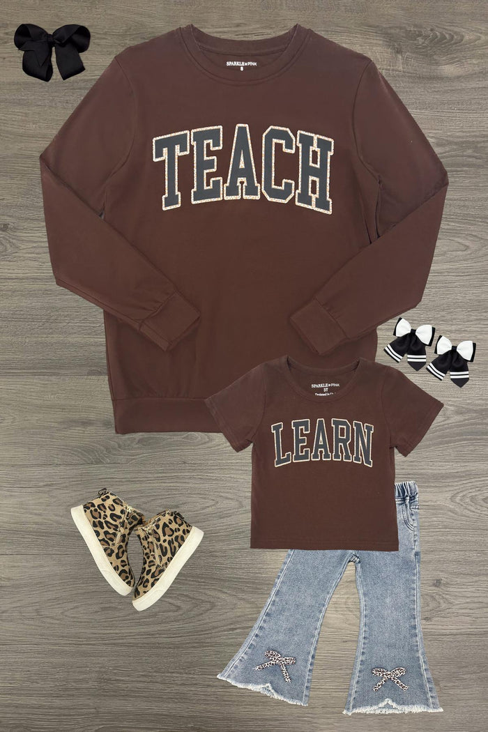 Mom & Me - "Teach & Learn" Top & Pant Set - 3T - Brown long-sleeve sweatshirt with "TEACH" text paired with smaller brown sweatshirt with "LEARN" text and ripped blue jeans.