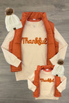 Mom & Me - "Thankful" Vest Set - CHILD-6-12 Months - Tan long-sleeve shirts with "Thankful" in orange script, paired with burnt orange puffer vests and cream knit beanies with.