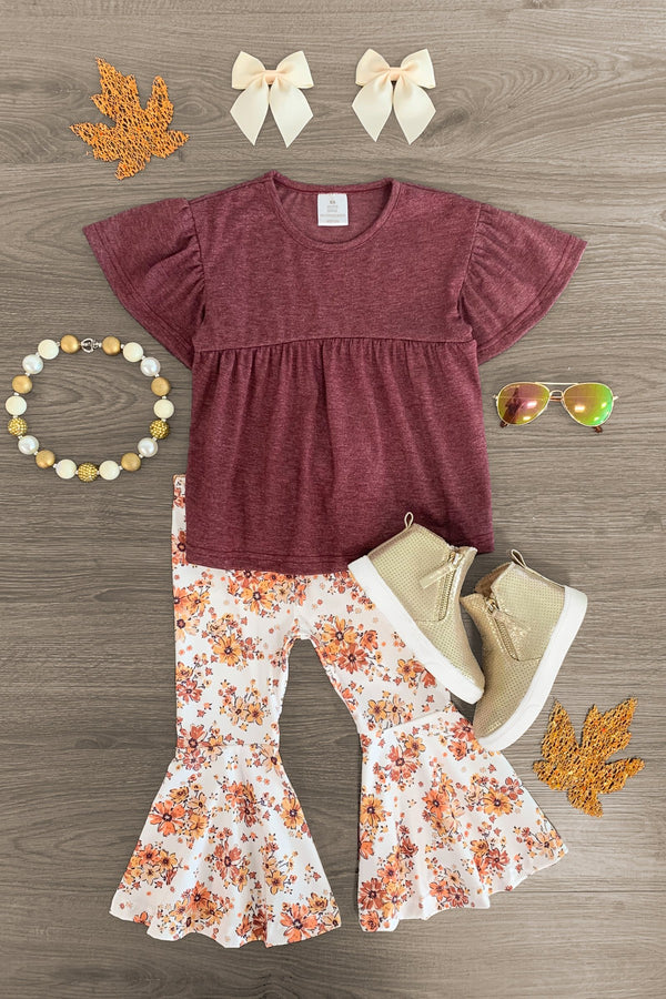 Burgundy Floral Bell Bottom Set | Sparkle in Pink