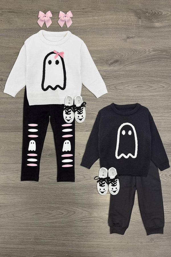 Ghost Pant Set - Boy Or Girl - GIRL-6-12 Months-FAMILY - White long-sleeve top with black ghost and pink eyes paired with black leggings with ghost faces on knees and pink bows;.