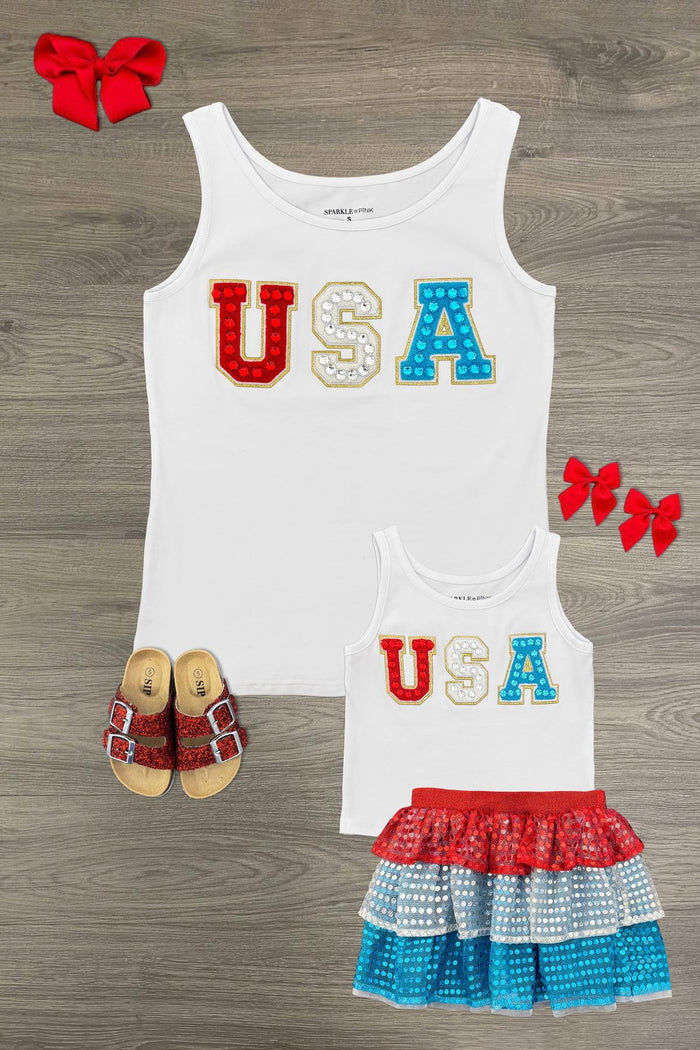 Mom & Me - "USA" Top & Skirt Set - CHILD-6-12 Months - White sleeveless tops with red, white, and blue "USA" letters paired with a red, white, and blue striped skirt and matching.