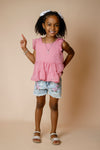 Swiss Dot Floral Denim Short Set | Sparkle in Pink
