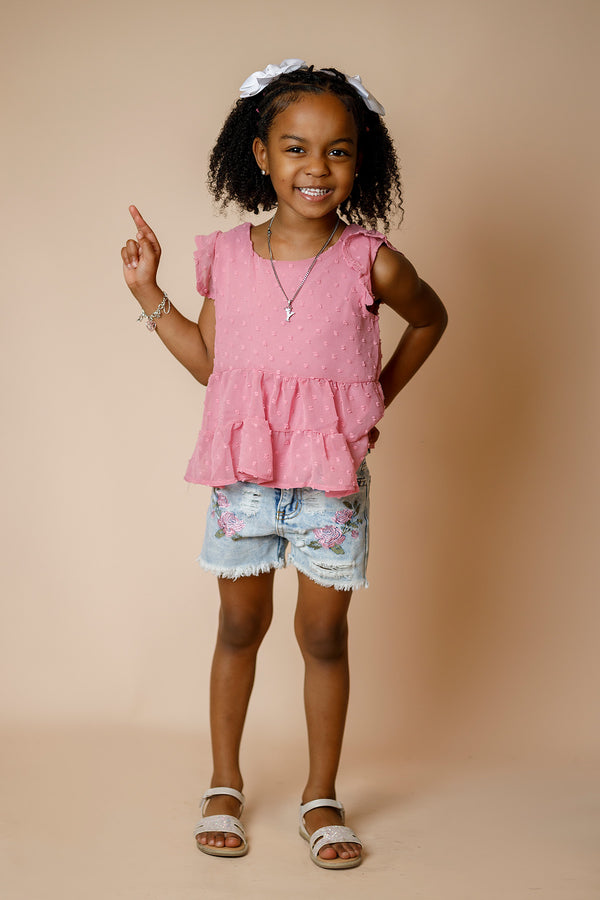 Swiss Dot Floral Denim Short Set | Sparkle in Pink