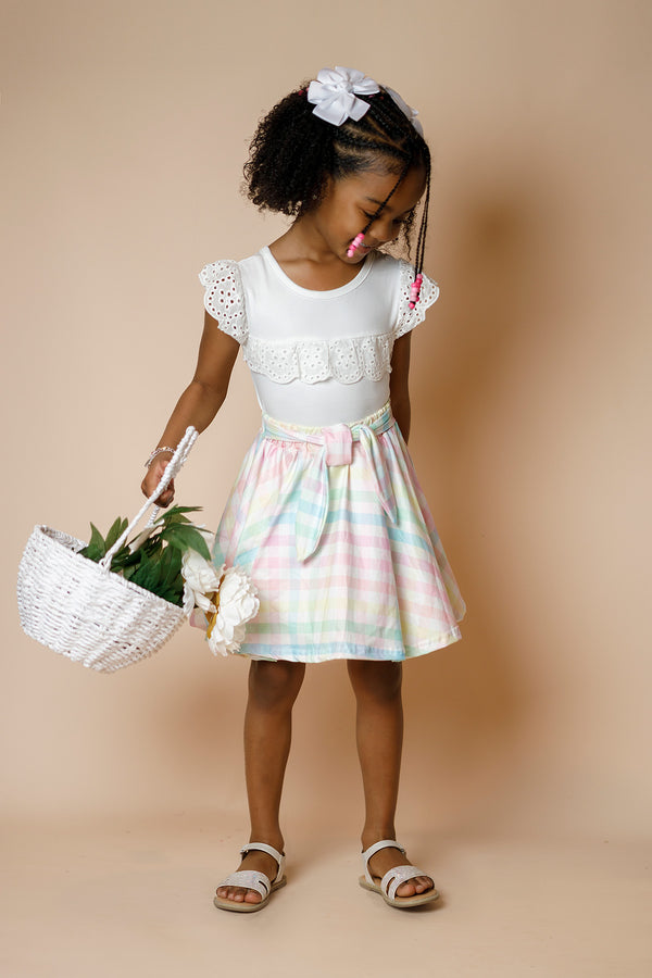 White Lace & Pastel Plaid Tie Skirt Set | Sparkle in Pink