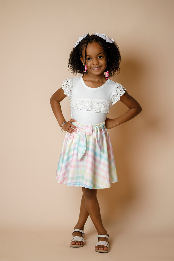 White Lace & Pastel Plaid Tie Skirt Set | Sparkle in Pink