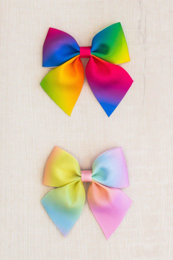 3 Inch Trendy Hair Bow - RAINBOW! - Pastel Rainbow - 3-inch hair bow with bright rainbow colors and wide ribbon loops and tails.