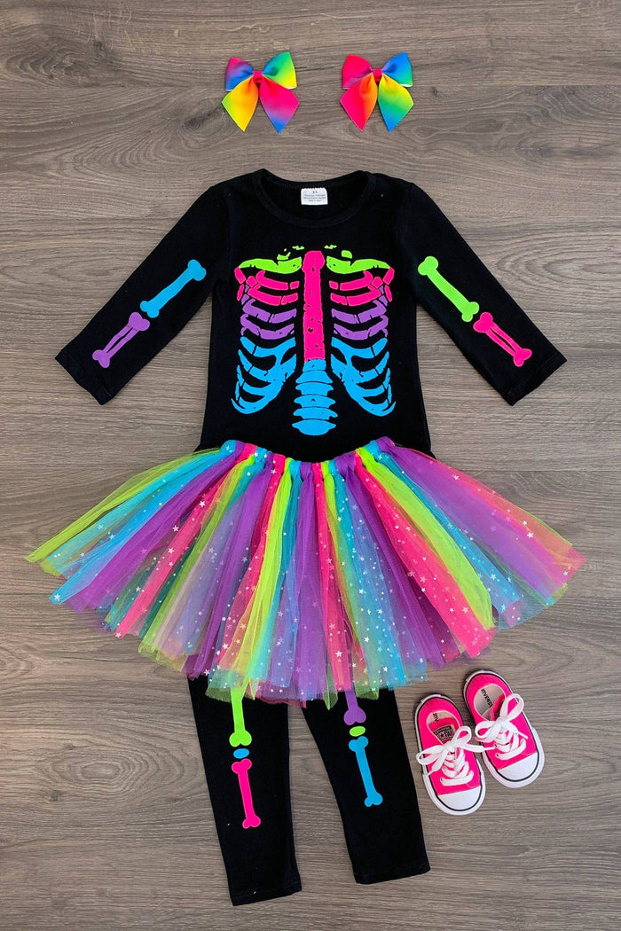 3pc Skeleton Tutu Pant Costume Set - XXS-12-18 Months - Black long-sleeve top with colorful skeleton print, rainbow tutu with sparkles, black leggings with bone prints, and.