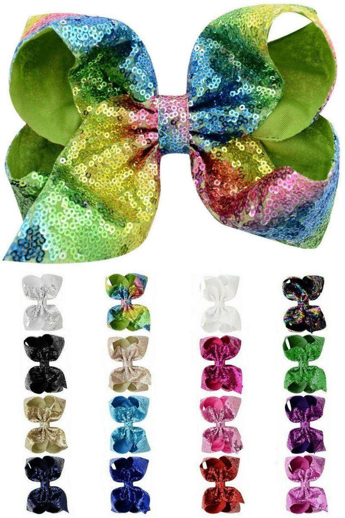 7" Jumbo Sequin Bows - Gold - Large 7-inch jumbo sequin bow with rainbow-colored glitter and green fabric backing, shown with smaller bows in various.