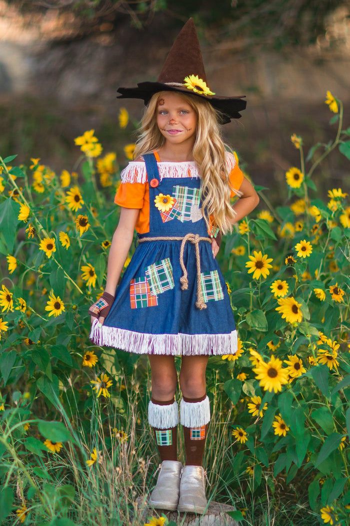 Scarecrow Costume - 5 Piece Set - XXS-12-18 Months - Blue denim scarecrow dress with orange puff sleeves, patchwork details, lace trim, knee-high socks, brown boots, and a brown .