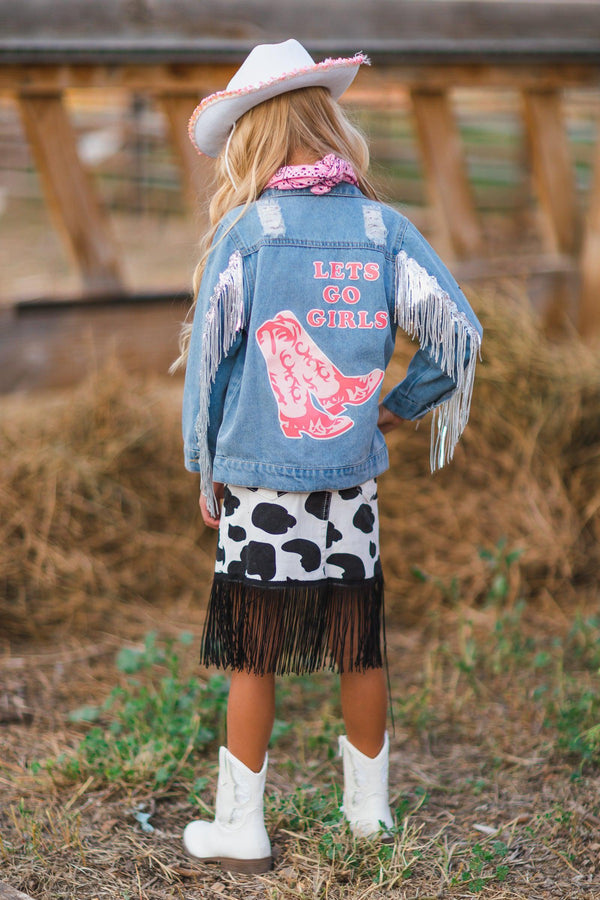 "Lets Go Girls" Silver Star Fringe Denim Jacket - Sparkle in Pink