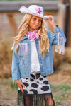 "Lets Go Girls" Silver Star Fringe Denim Jacket - Sparkle in Pink