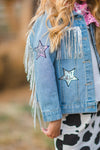 "Lets Go Girls" Silver Star Fringe Denim Jacket - Sparkle in Pink