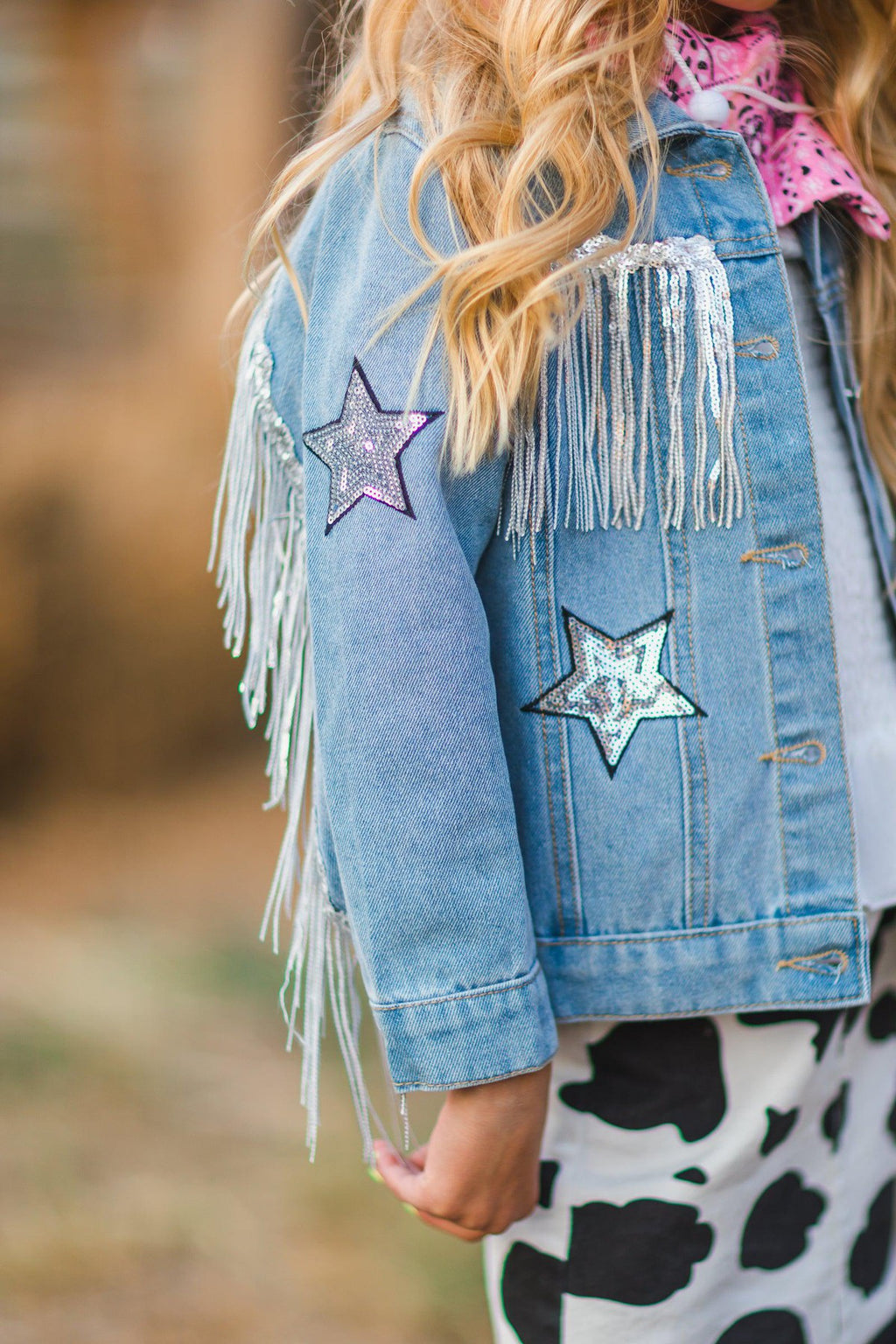 "Lets Go Girls" Silver Star Fringe Denim Jacket - Sparkle in Pink