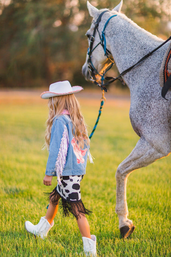 "Lets Go Girls" Silver Star Fringe Denim Jacket - Sparkle in Pink