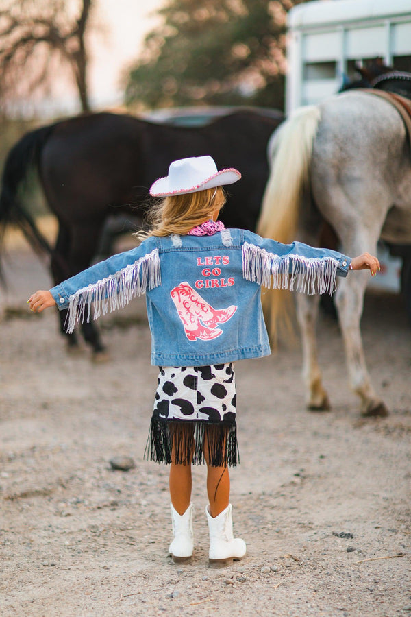 "Lets Go Girls" Silver Star Fringe Denim Jacket - Sparkle in Pink