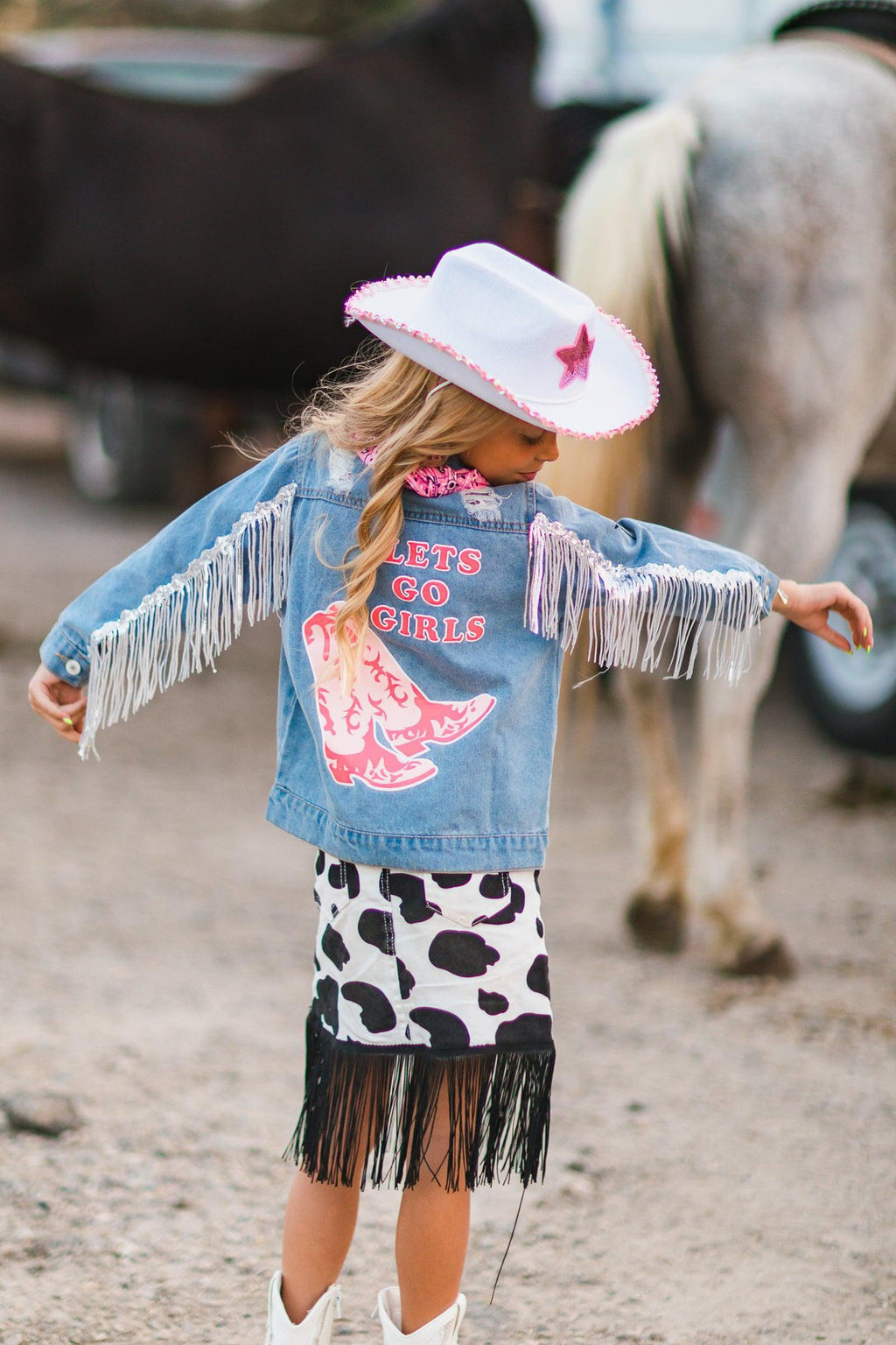 "Lets Go Girls" Silver Star Fringe Denim Jacket - Sparkle in Pink