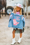 "Lets Go Girls" Silver Star Fringe Denim Jacket - Sparkle in Pink