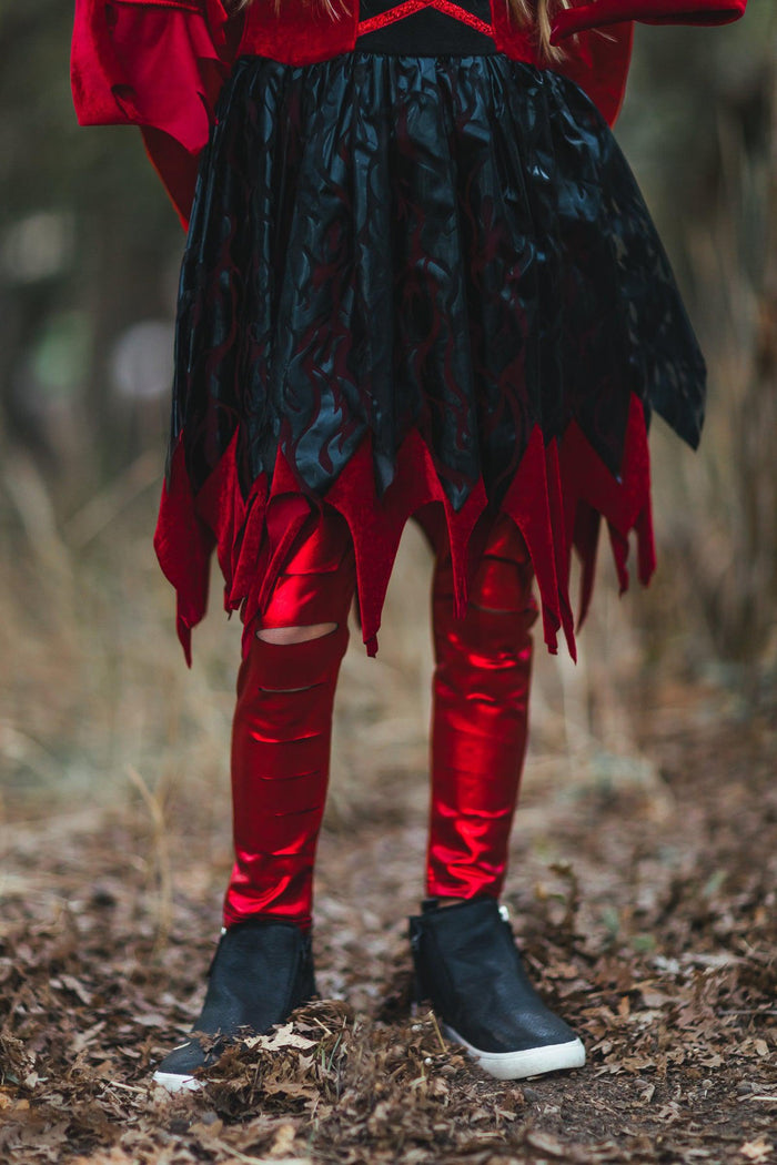 Devil Red Metallic Distressed Leggings - XXS-12-18 Months - Shiny red metallic leggings with a distressed finish paired with a jagged black skirt overlay and black slip-on shoes.