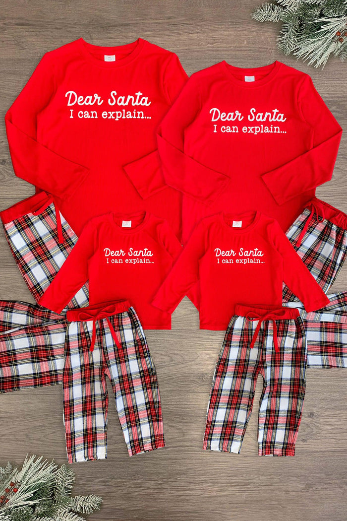 "Dear Santa I Can Explain" Family Pajamas - CHILD-3XS-6-12 Months-FAMILY - Red long-sleeve tops with "Dear Santa I can explain" text paired with red, black, and white plaid pajama pants in children’s .
