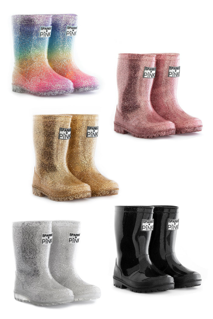 Sparkle In Pink Premium Glitter Boots - Rainbow Glitter / KIDS-5T - Four pairs of kids' glitter boots in rainbow, rose gold, gold, silver, and black, each with a label on the front.