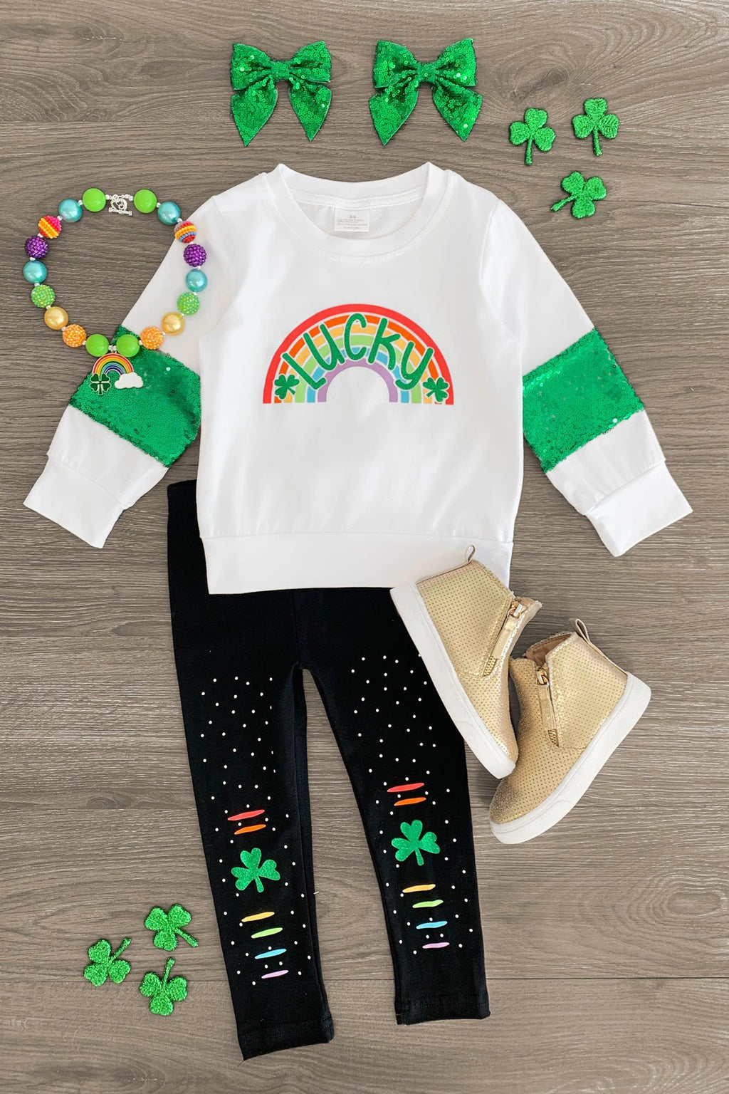 "Lucky" White Rainbow Legging Set - Sparkle in Pink