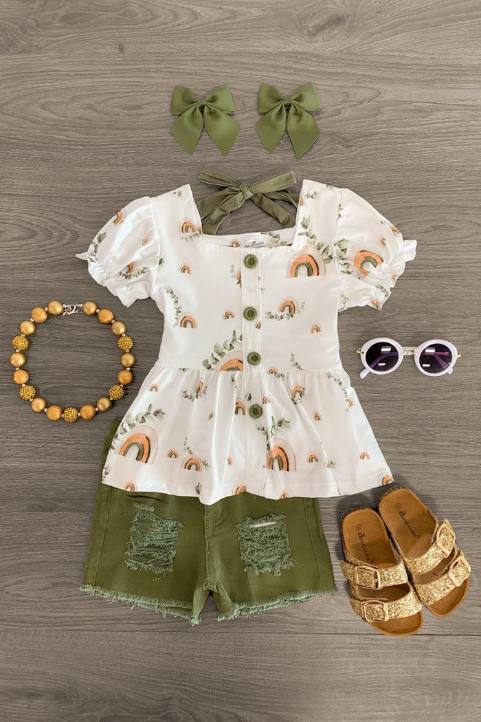 Olive Rainbow Distressed Denim Short Set - 6-12 Months - White short-sleeve top with rainbow print and olive green distressed denim shorts set with matching olive green bows.