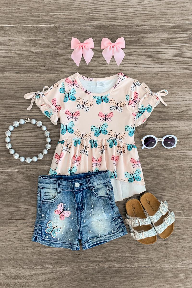 Tan Butterflies & Pearls Denim Short Set - Sparkle in Pink