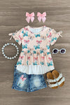 Tan Butterflies & Pearls Denim Short Set - Sparkle in Pink