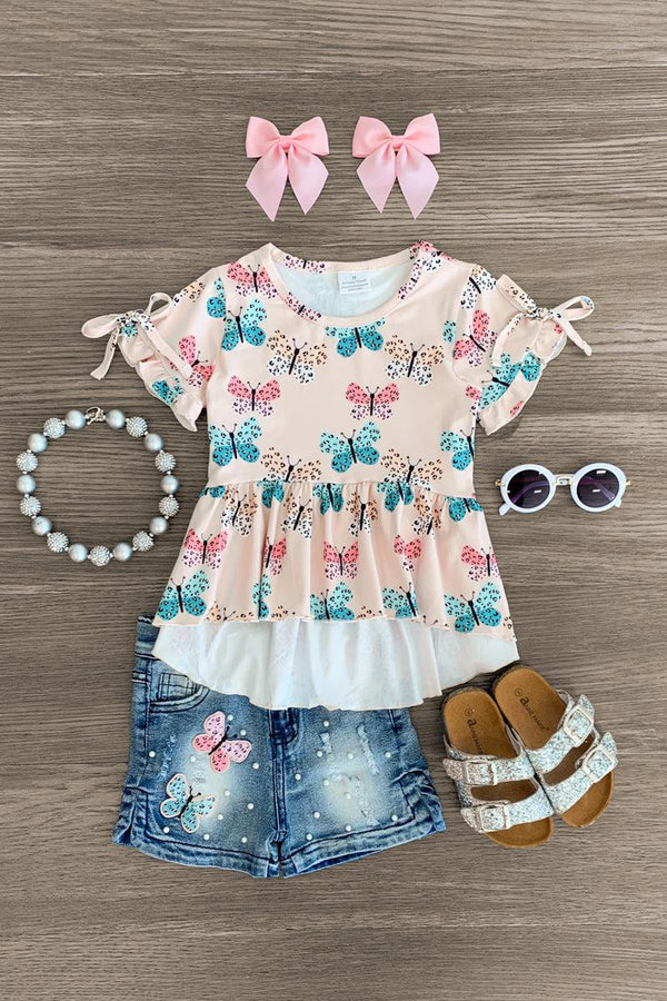 Tan Butterflies & Pearls Denim Short Set - Sparkle in Pink
